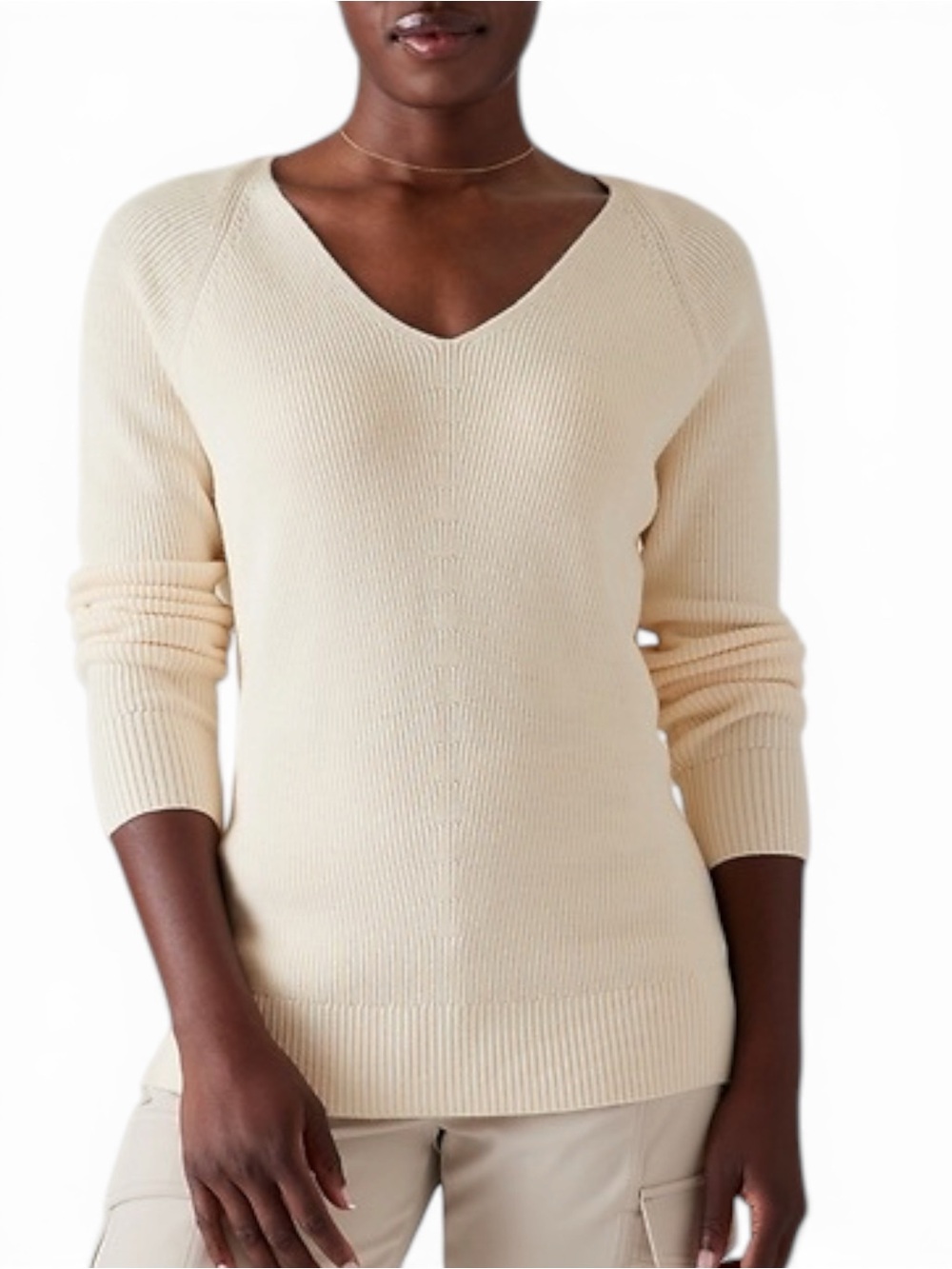 Athleta Hanover V-neck Sweater in Cream Merino Wool Blend Women's size Large
